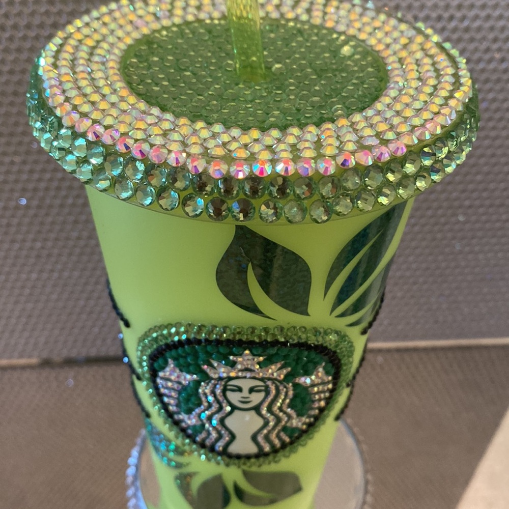 Starbucks Neon Green Rhinestone Logo Tumbler with Leaf Design - Picture 2 of 8